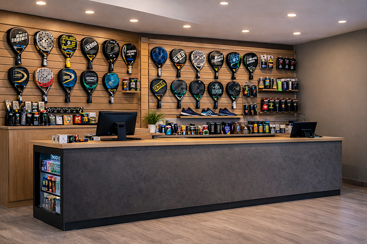 Balcão de receção de clube de padel com raquetes expostas num painel de parede